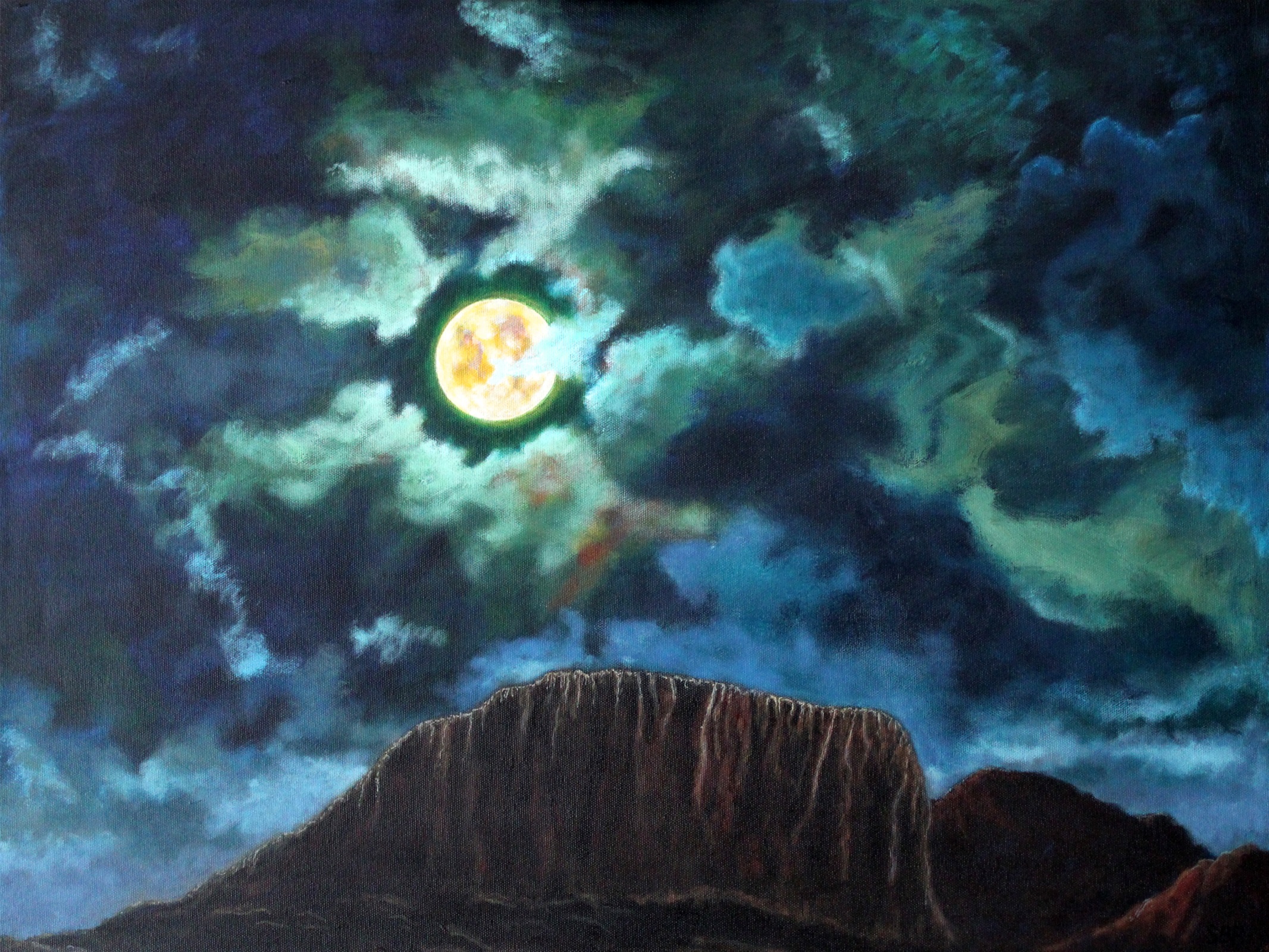"Fuldmåne over Olympos" - akryl på lærred, 60 x 80. (4000,-)