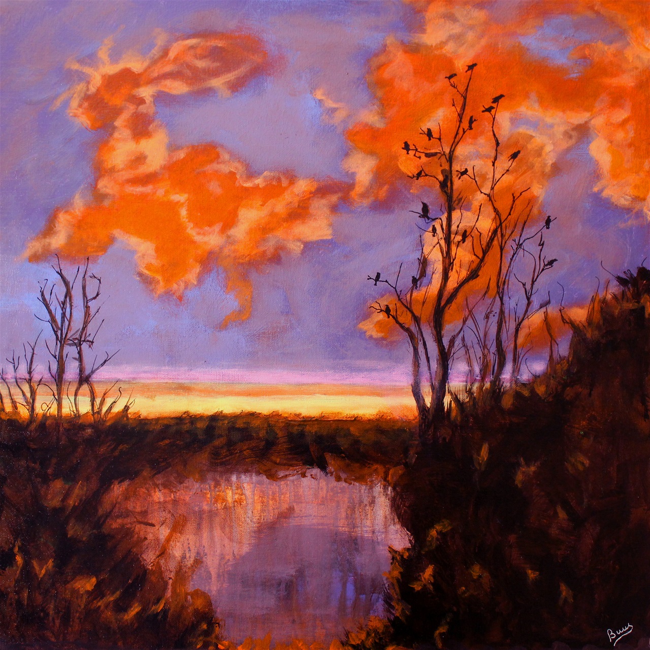"Solopgang over Madum Sø" - akryl på lærred, 50 x 50. (3200,-)