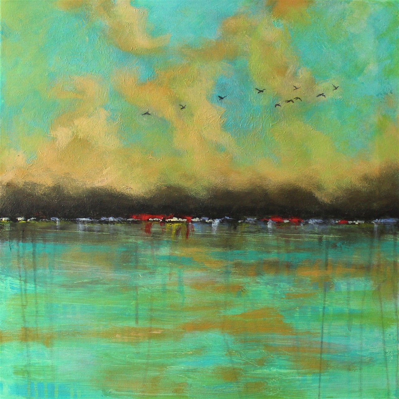"Fuglene flyver i flok" - akryl på lærred, 50 x 50