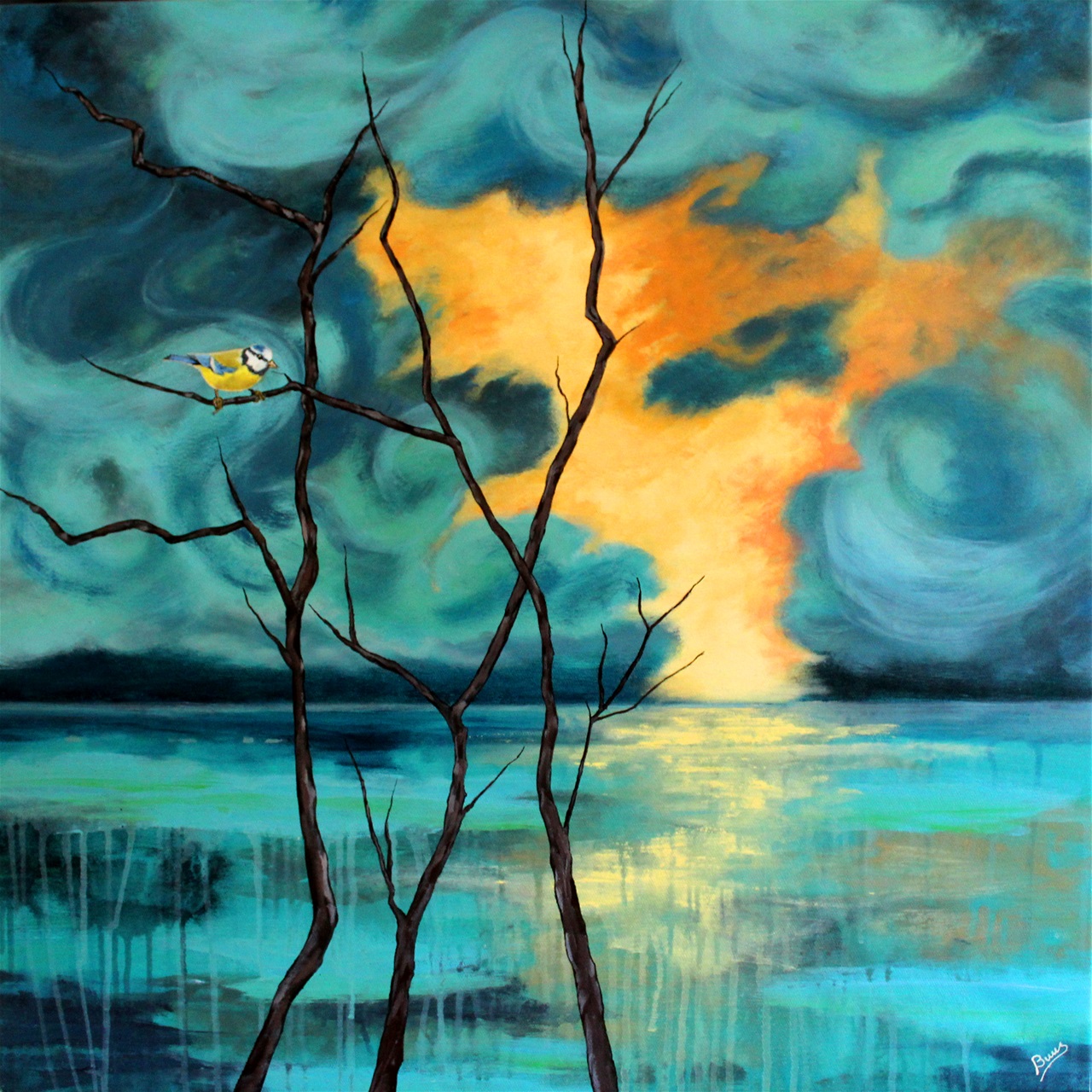 "Blåmejse" - akryl på lærred, 80 x 80